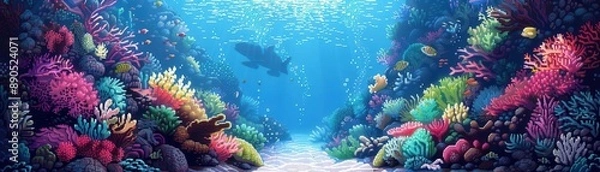 Fototapeta Vibrant underwater coral reef scene with various colorful corals and a silhouetted shark swimming in the background.
