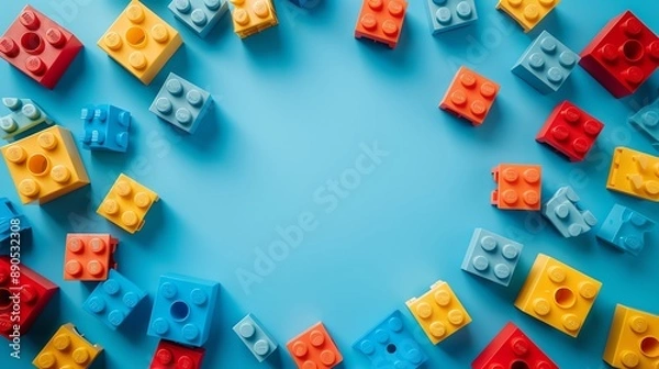 Fototapeta Colorful Plastic Building Blocks on Blue Background.