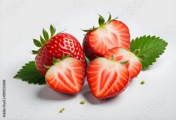 Fototapeta Fresh strawberries, some whole and some halved, displaying their bright red flesh and green leaves. The background is light and neutral, emphasizing the vibrant colors of the strawberries