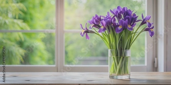 Fototapeta Vase with bouquet purple irises on table near the window AI-Generated Content