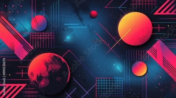 Fototapeta A vibrant wallpaper featuring abstract geometric shapes and planets on a dark, starry background, suggesting a cosmic theme.