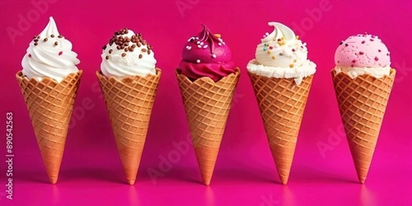 Fototapeta A colorful assortment of ice cream cones with bright toppings, against a bright pink background. Ideal for desserts, food, advertising and summer themes. Ice cream balls in a waffle glass stand