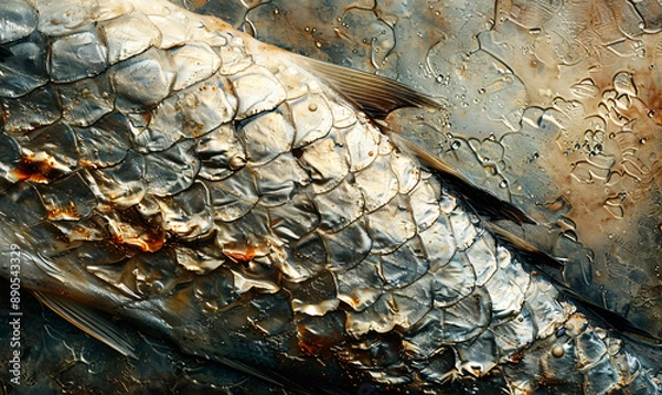 Fototapeta Close-up of the skin texture on an African blue herring fish, with visible scales and soft light reflections. The background is blurred to emphasize details. High resolution photography, detailed skin