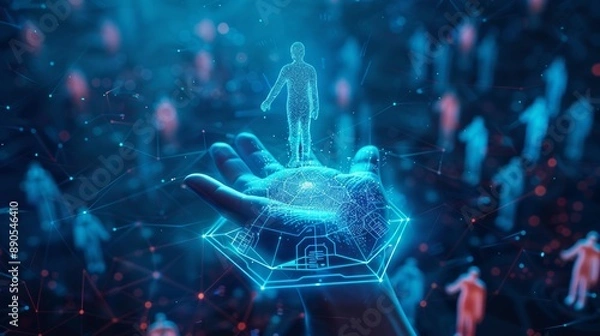 Fototapeta HR requirement . Abstract 3d human hand hold leader icon in hexagon on top of people pyramid. Manage human resources, team leader, recruitment process, change personnel, career growth, leadership.