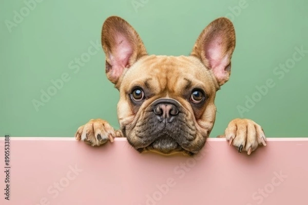 Fototapeta French bulldog pup peeking out over pastel bright background. Advert, banner, card. Copy text space. Invitation to birthday party.
