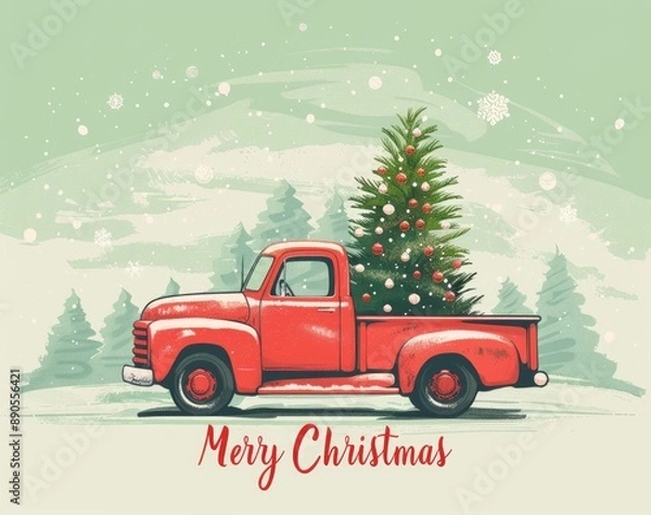 Fototapeta Christmas red truck with a tree at the back , illustration in pastel colors with red "Merry Christmas" lettering in italics on a light green background in a simple minimalist retro style