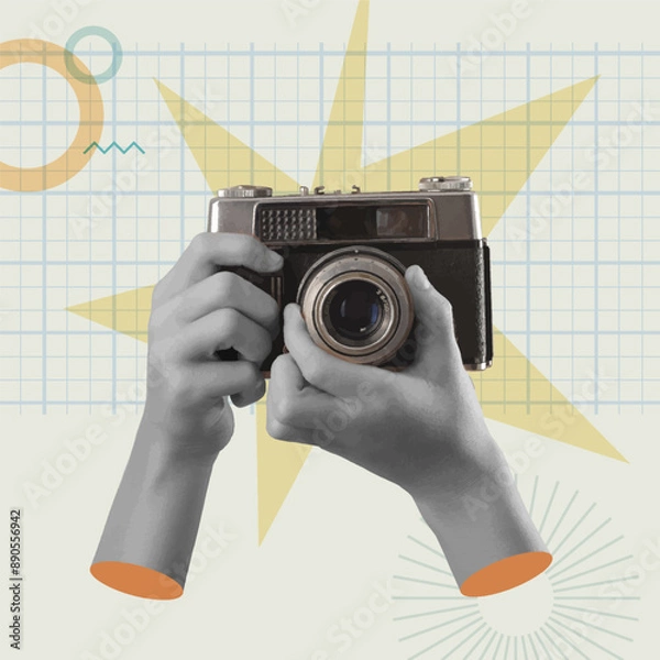 Fototapeta Hands shooting a retro camera in a collage vector illustration, photography concept.