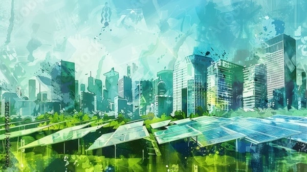 Obraz Colorful artistic cityscape with modern skyscrapers, green spaces, and solar panels under a vibrant sky.