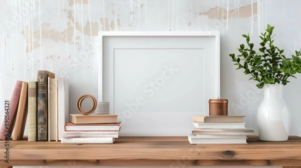 Fototapeta Blank white picture frame with books on a wooden desk in study setting. For mockups, allowing designers to showcase artwork, photographs, or inspirational quotes in a homey, scholarly environment 