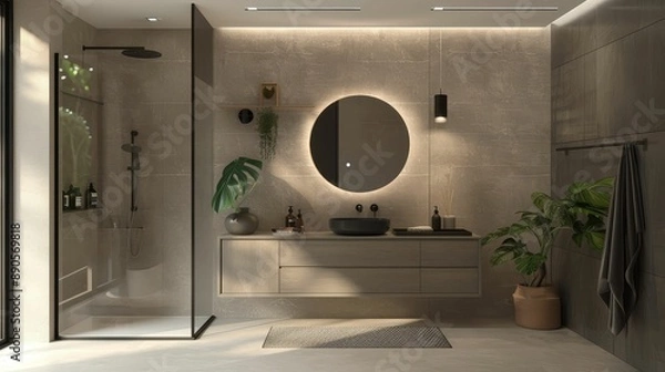 Obraz Minimalist bathroom with sleek black fixtures, a floating vanity, and a frameless glass shower enclosure