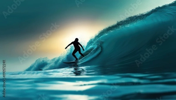 Obraz Surfer catching a wave selective focus dynamic Silhouette ocean waves