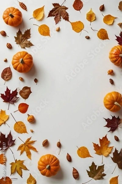 Fototapeta Halloween Fall background with orange pumpkins and autumn fall leaves on a light surface, 9:16