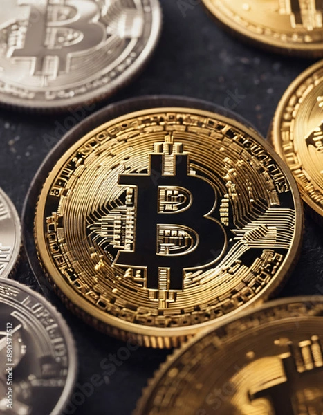 Fototapeta macro of a metal bitcoin-coin