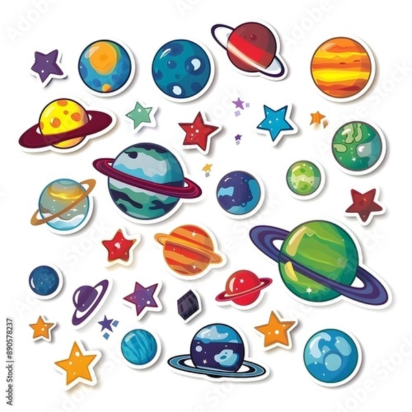 Fototapeta Cosmic Galaxy Sticker Design with Vibrant Stars and Planets on White Background