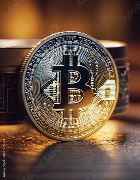 Fototapeta macro of a metal bitcoin-coin