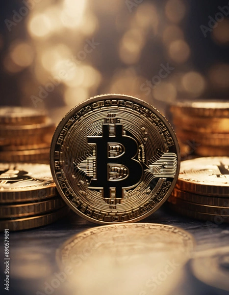 Fototapeta macro of a metal bitcoin-coin