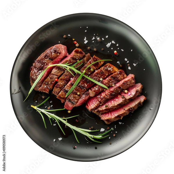 Fototapeta A gourmet sliced steak on a black plate, beautifully presented with rosemary and seasoning, top view. On transparent background.