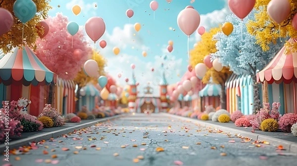 Fototapeta Festive birthday party invitation set in an open area Oktoberfest with beer tents featuring a writing space in the center for birthday wishes and event details