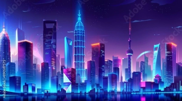 Fototapeta Futuristic cityscape with neon lights and tall buildings