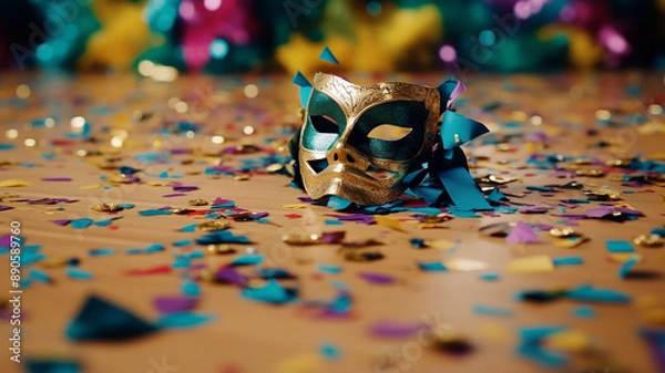 Obraz mask and confetti on the floor , Generative AI.