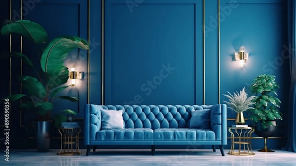 Obraz Modern interior of lounge and living room design and blue wall background, Generative AI.
