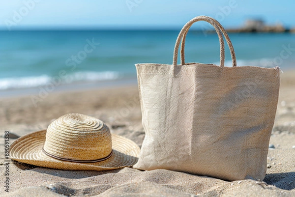 Fototapeta Straw Hat and Tote Bag on Beach with Clear Sky