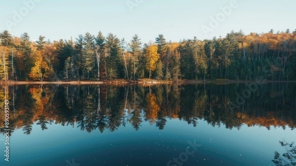 Fototapeta A serene lake reflecting a forested shoreline under a clear sky, perfect for a nature background.