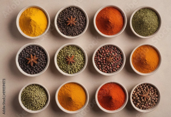 Fototapeta  Textured close-up of colorful spices used in making chai tea. 