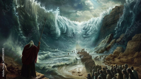 Obraz The parting of the Red Sea with towering walls of water on either side, and the Israelites crossing on dry ground, led by Moses holding his staff high.