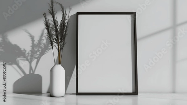 Fototapeta Black frame mockup with blank canvas on a glossy white surface, sleek design, iso A paper size, framed wall poster template, front perspective