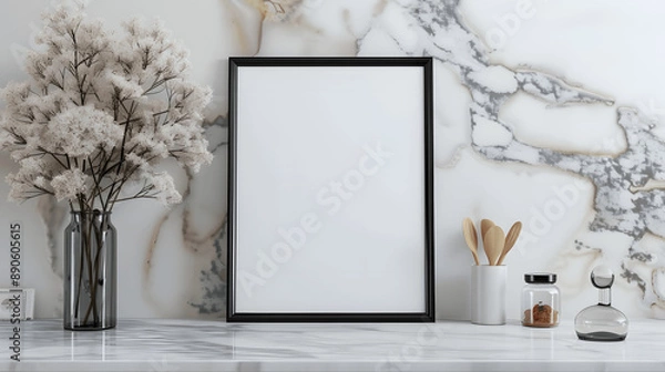 Fototapeta Black frame mockup with blank canvas on a marble countertop, elegant kitchen, iso A paper size, framed wall poster template, front perspective