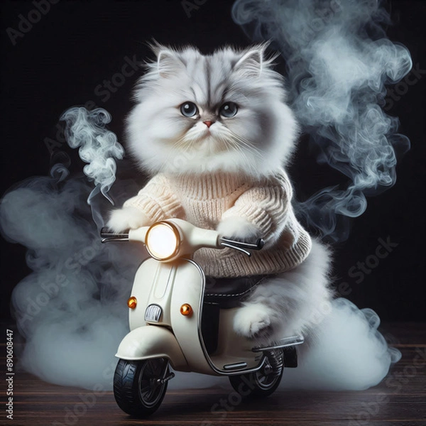 Obraz Fluffy cat wearing sweater riding motorcycle 