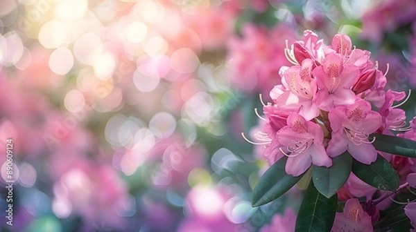 Fototapeta Vibrant Rhododendron Blossoms in Blurred Forest Backdrop