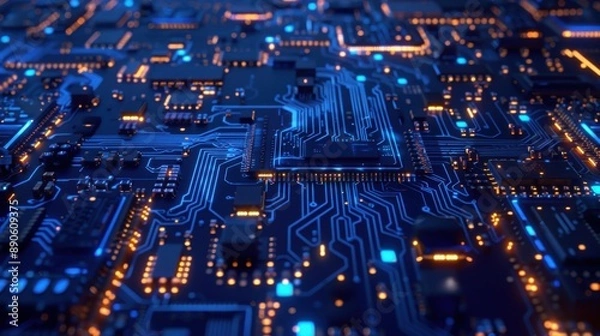 Fototapeta Abstract blue circuit board background with glowing lines and patterns, technology concept for digital chip design or data transfer in information technology