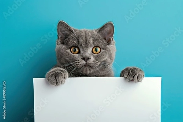 Fototapeta Grey cat with empty white banner for text