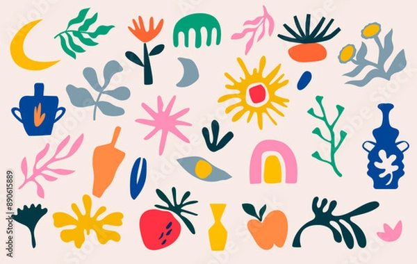Fototapeta Abstract botanical shape. Floral organic. Leaf and flowers, Matisse element decorative set, coral pattern, floral nature. Background silhouette art, paint template collage geometric. Vector minimal