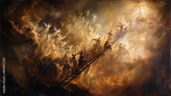 Obraz The vision of Jacob's ladder, with angels ascending and descending a ladder reaching from earth to heaven, and Jacob dreaming at the foot of the ladder.