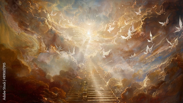 Obraz The vision of Jacob's ladder, with angels ascending and descending a ladder reaching from earth to heaven, and Jacob dreaming at the foot of the ladder.