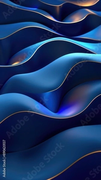 Fototapeta Dynamic interplay of minimalist 3D shapes in vintage blue and vibrant sapphire blue, softly illuminated by matte gold highlights, creating a captivating and futuristic abstract landscape