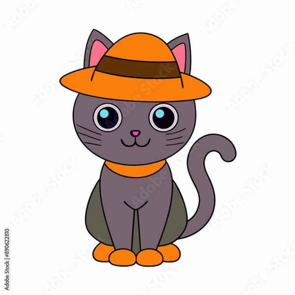 Fototapeta Playful cat in a witch's hat inside a carved pumpkin with Halloween decorations in a fun vector illustration for Cat Day