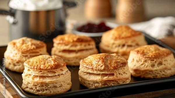 Obraz A tray of golden-brown scones fresh out of the oven, with a pot of clotted cream and jam in the background, high-resolution photo, realistic photo, cinematography, hyper realistic