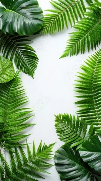 Fototapeta Tropical Greenery Frame with Various Lush Green Leaves on White Background Perfect for Nature Inspired Design and Botanical Themes