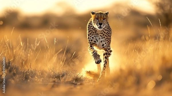 Fototapeta A focused cheetah runs through the open savanna, its eyes showing intense determination as it races across the dry, grassy landscape, showcasing incredible speed and agility.