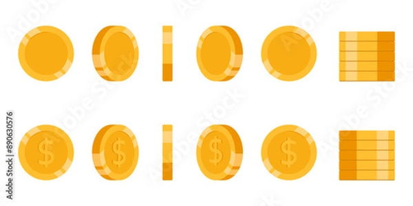 Obraz Set of rotating gold coins isolated on a white background. Set of icons of gold coins rotating in different angles for animation. Set of gold coins. Dollars. Flat vector illustration.