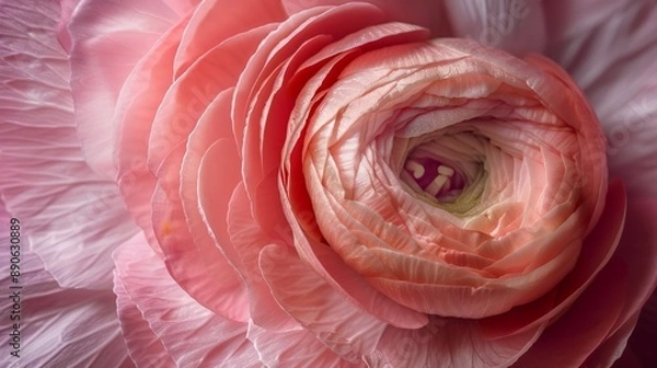 Fototapeta A soft pink ranunculus flower in close-up, showing the intricate layers of its petals and the tender beauty of nature's design, highlighting the captivating structure of the bloom.