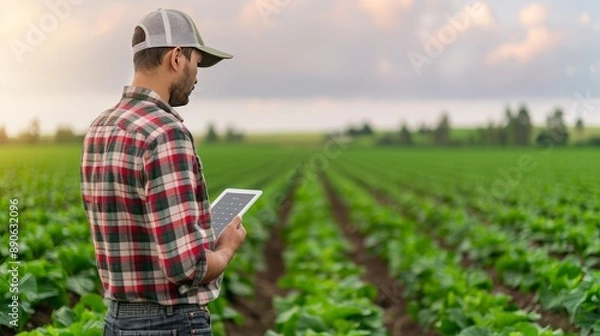 Fototapeta Modern Farmers Utilizing AI Technology for Field Analysis with Copy Space and Deep Depth of Field