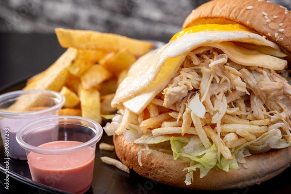 Obraz Delicious shredded chicken sandwich with cheese, egg and chips