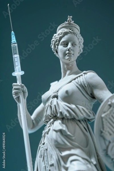 Fototapeta Ultra sharp photo Britannia holding a syringe like a spear and a vaccine as a shield