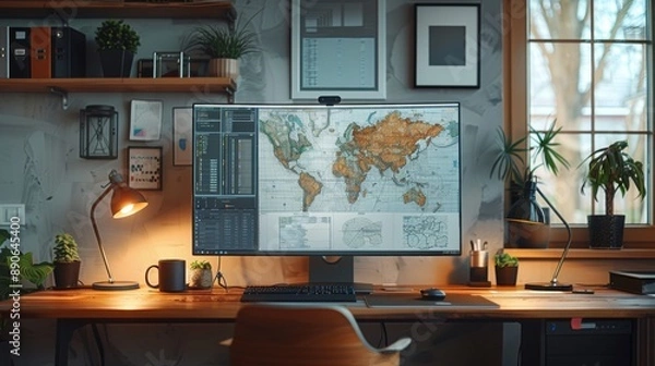 Fototapeta Modern Home Design on CAD Displayed in a Bright and Tidy Office with Triple Monitor Setup