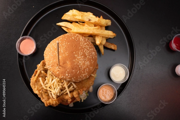 Obraz Crispy chicken burger on black background. Tomato, lettuce, chicken burger, sauces and fries.